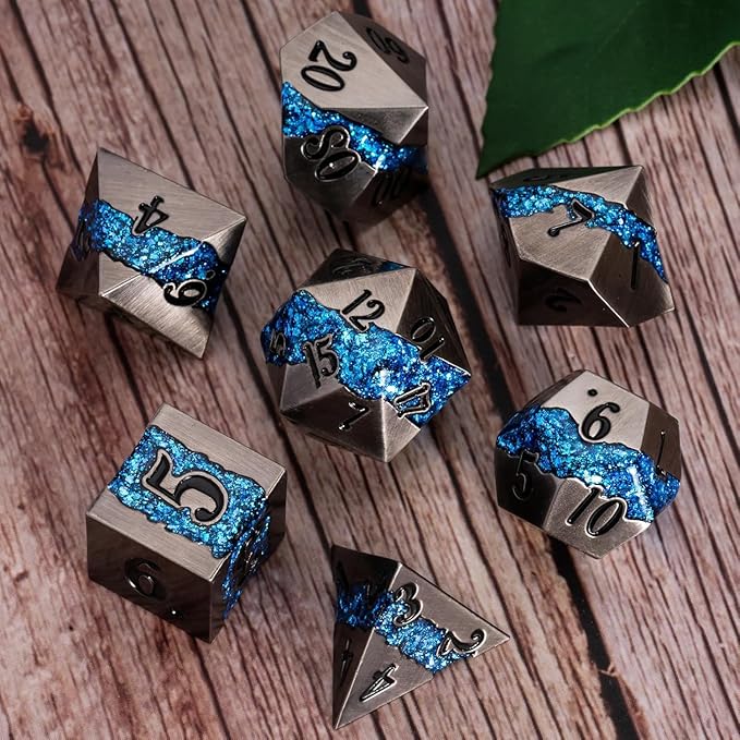 Metal DND Polyhedral Dice, Large Stripe Glitter Metallic Dice Set, Antique - Image 2