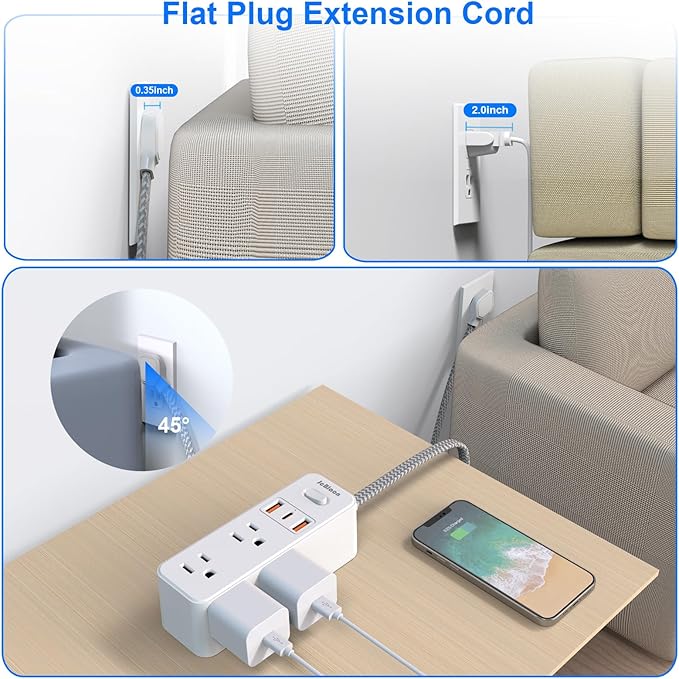 Power Strip Surge Protector, 5Ft Flat Plug Extension Cord - Image 4