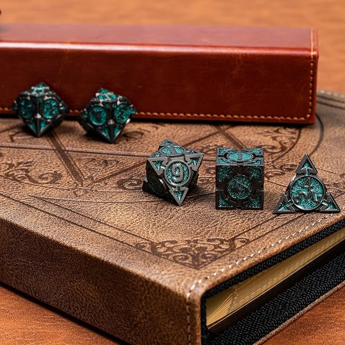Green Black Nickel Finish Heavy Metal DND Dice Set - Image 4