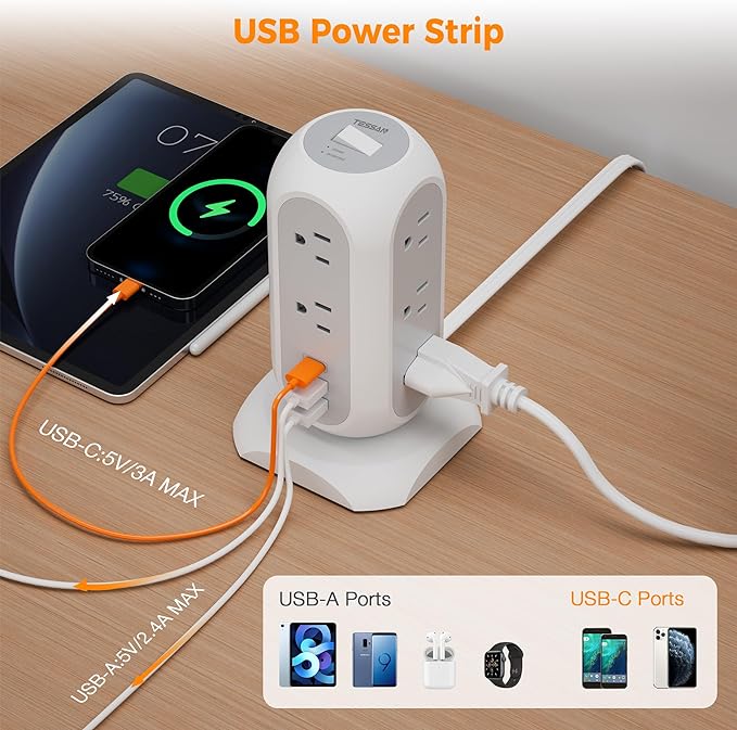 15 ft Extension Cord Tower Power Strip, 11 Outlets 3 USB Chargers, TESSAN Surge - Image 5