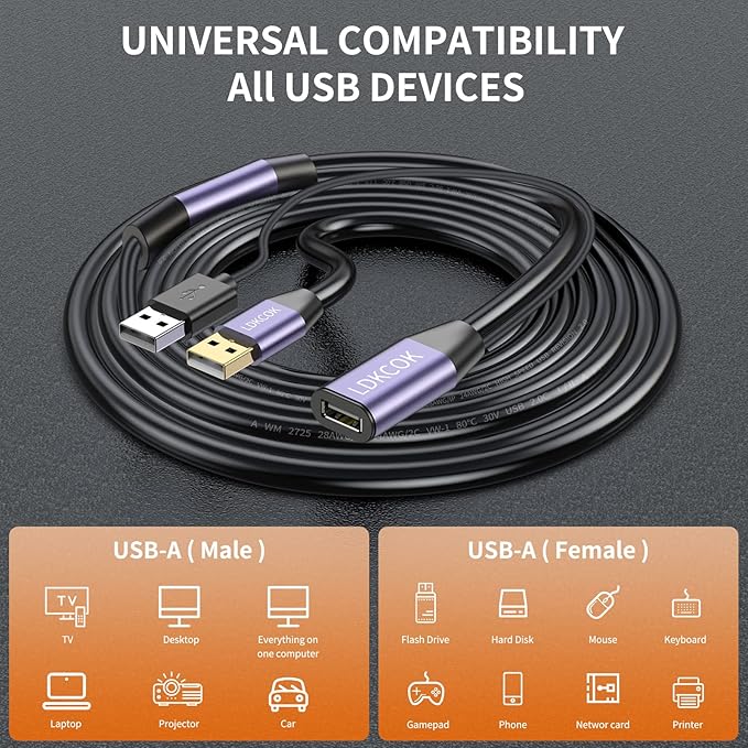 LDKCOK USB 2.0 Type A Male to A Female Active Repeater Extension Cable 75ft - Image 2