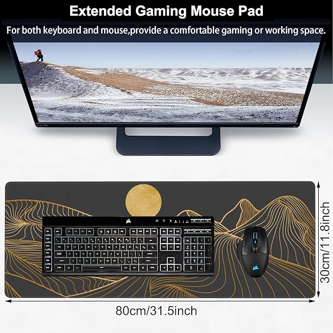 Abstract Golden Mountain Desk Mat, Large Gold Line Art Gaming Keyboard Mouse Pad - Image 2