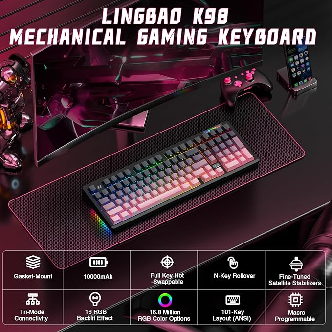 LINGBAO K98 Wireless Mechanical Gaming Keyboard, Tri-Mode BT5.0/2.4GHz/USB-C - Image 2