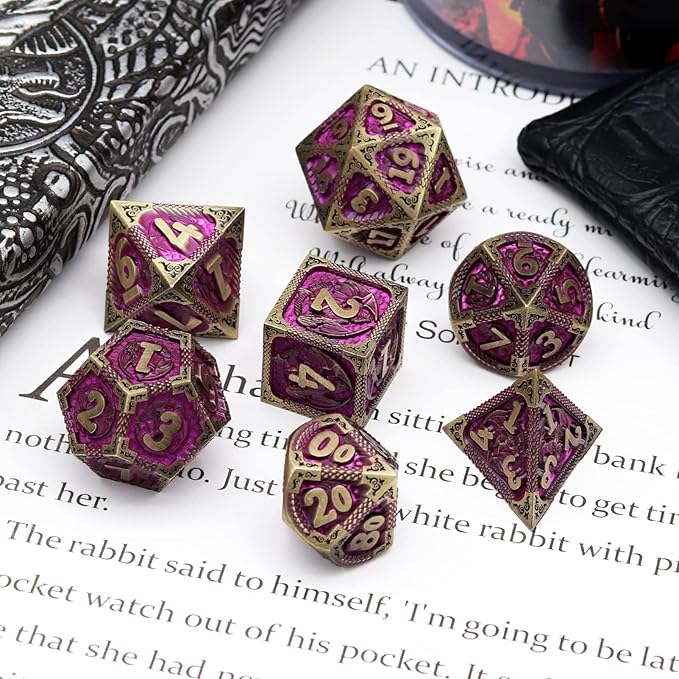 Haxtec Metal Dice Set Purple Black Dragon Pattern Metal DND Dice - Image 3