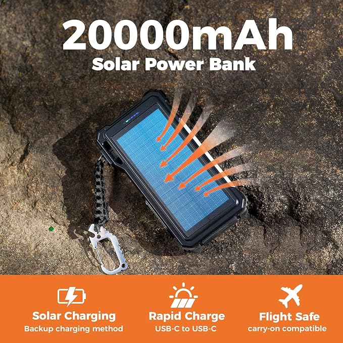 BLAVOR Solar Power Bank 20000mAh/74000mWh Built-in Cables, Wireless Charger - Image 3