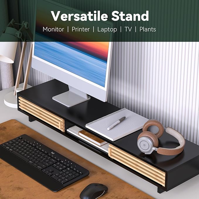 Dual Monitor Stand Riser with Sliding Door, Double Computer Laptop Stand Desk - Image 2