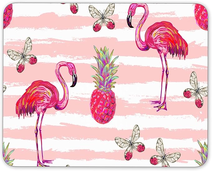 Non-Slip Rubber Mouse Pad， Watercolor Flamingos and Pineapple and Butterflies by Qien+BaiSei