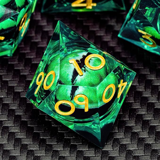 ARUOHHA DND Resin Dice Dragon Eye Dice Liquid Core Green Sharp Edged Dice Set - Image 5