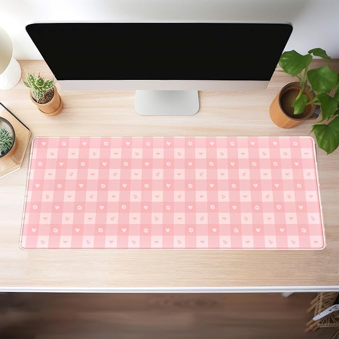 Pink Minimalist Gingham Floral Desk Mat Gaming Mouse Pad Large Cute Pastel Desk - Image 3