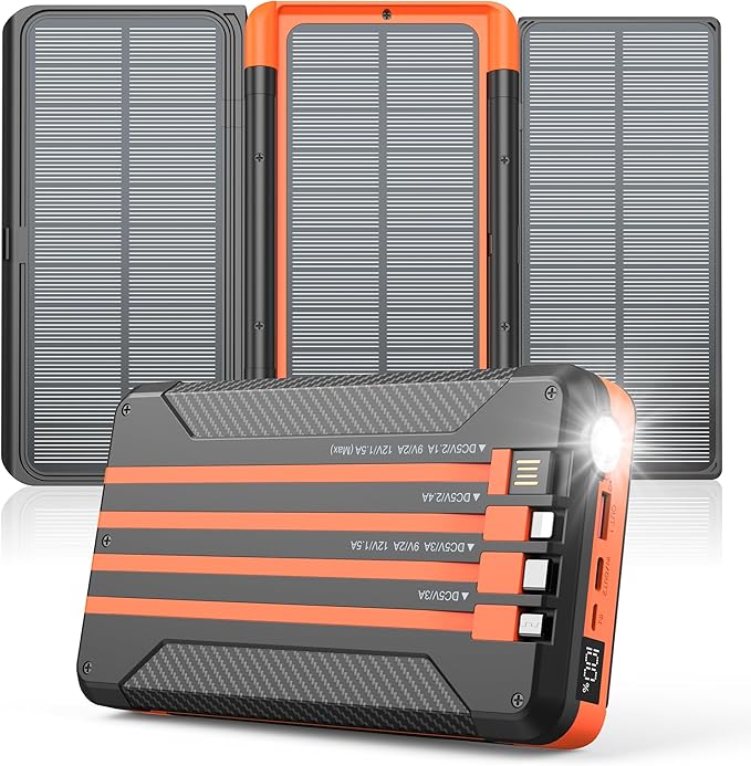 Power Bank Solar Charger 46800mAh Built in 4 Cables 3 Foldable Solar Panels by Jinepin