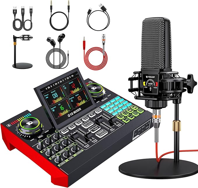 Podcast Equipment Bundle with 3.5mm Microphone and Live Sound Card, Audio by tenlamp