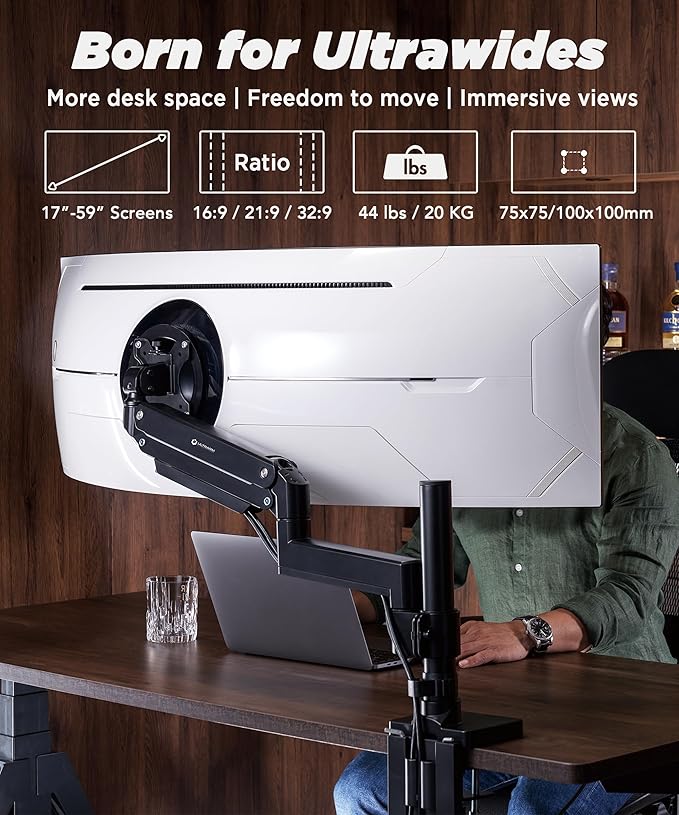 Heavy Duty Monitor Arm for Ultrawide Monitors up to 57" and 44 lbs, Single Desk - Image 2