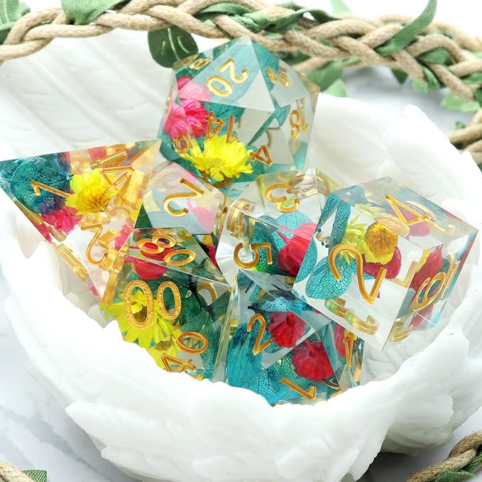 Haxtec Flower Sharp Edge Dice Resin DND Dice Set 7PCS Yellow Blue Red - Image 5