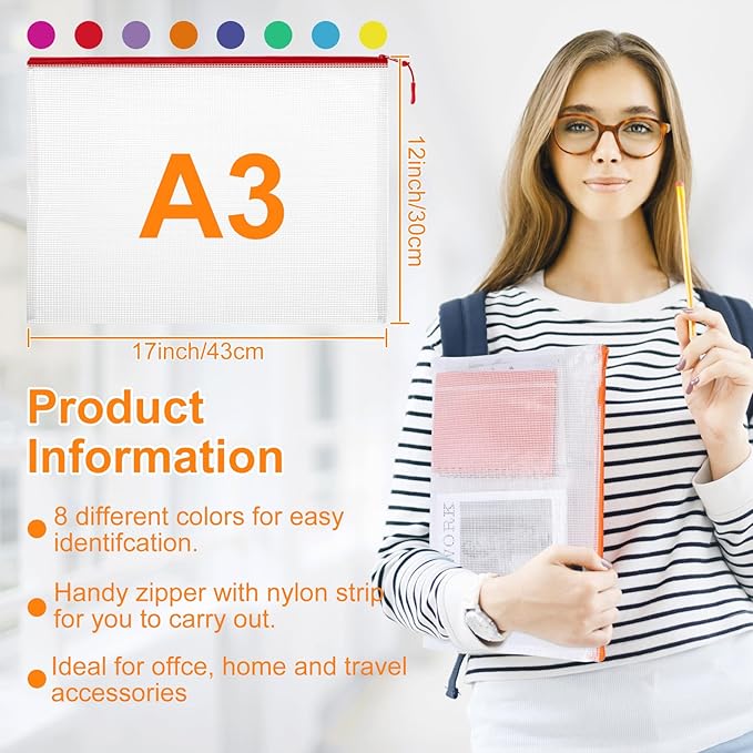 20pcs A3 17x12 Inches Extra Large Zipper Bags, Reusable Mesh Pouches - Image 2
