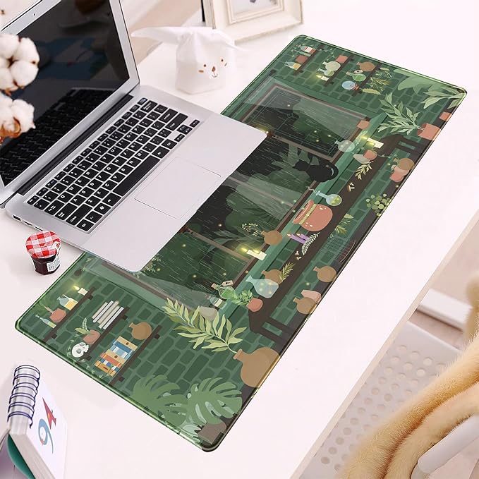 Kawaii Rainy Night Desk Mat Green Plants Gaming Mouse Pad XL, Aesthetic Anime - Image 6