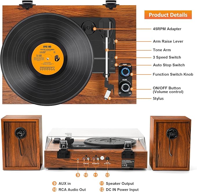 Vinyl Record Player with External Speakers, 3 Speed Vintage Stereo Turntable - Image 4