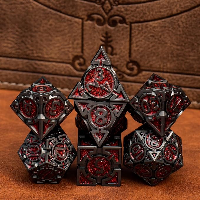 Red Black Nickel Finish Heavy Metal DND Dice Set - Image 5