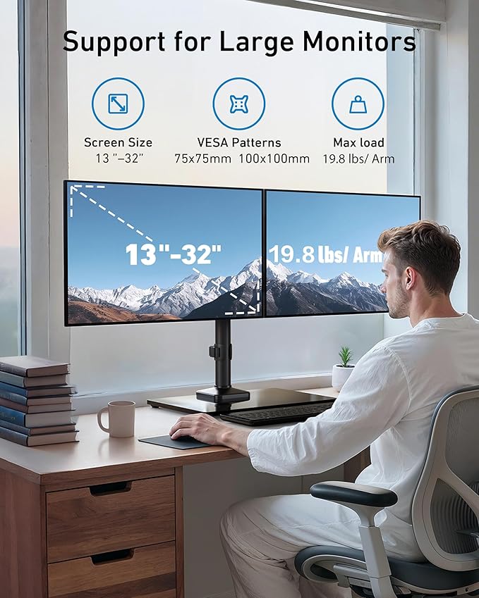 HUANUO Freestanding Dual Monitor Stand, 32 Inch Dual Monitor Mount - Image 2