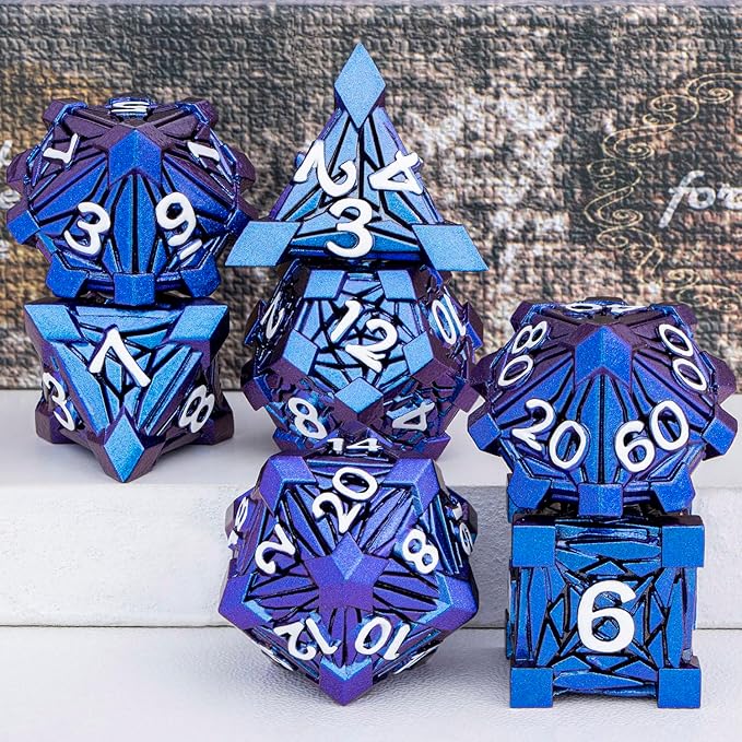 7PCS Metal DND Dice Set with Box, Debris RPG Blue White D and D Dice - Image 2
