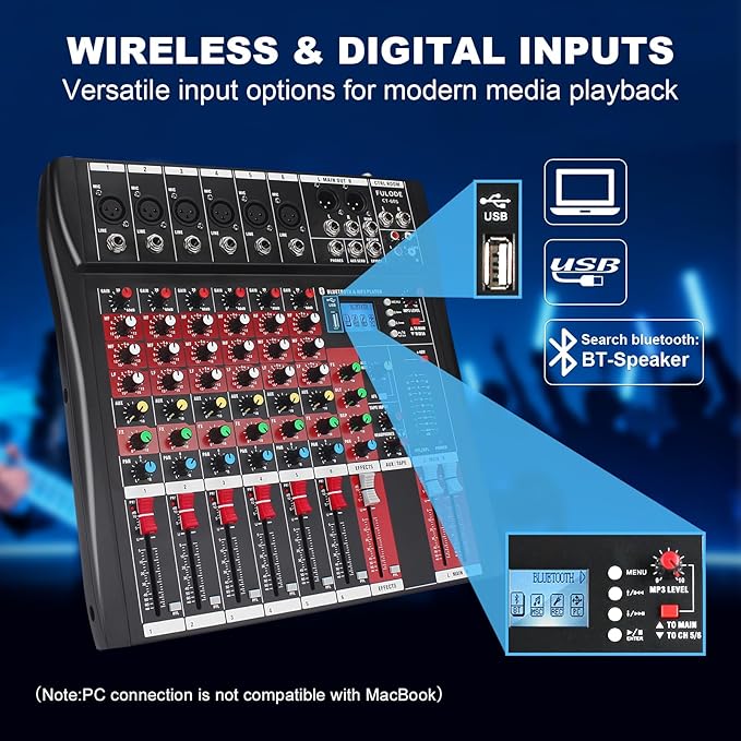 6 Channel Audio Mixer, Professional Music Mixer Board DJ Mixing Console - Image 3