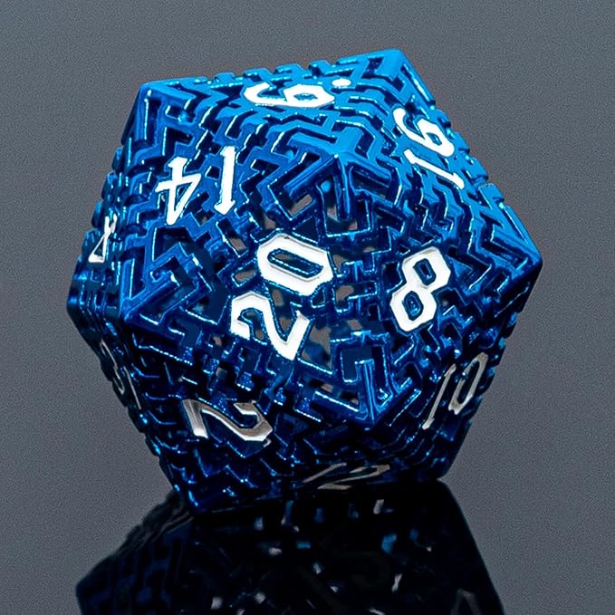 Blue Metal Hollow DND Dice Set Metallic Luster Maze Design - Image 5