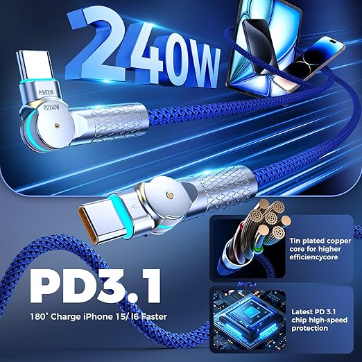 USB C to USB C Cable10ft, 240W 2-Pack Braided 180°Rotating Type C Charging - Image 2