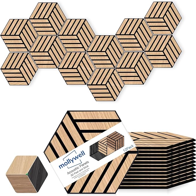 Mollywell Hexagon Acoustic Panels, Natural Oak TH4, 12 Pack |Wood Veneer|High by Mollywell