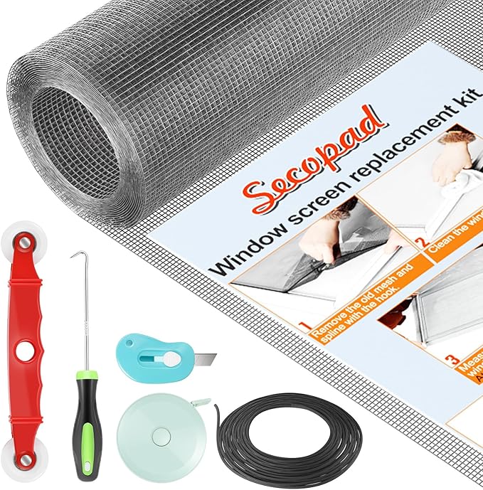 Window Screen Door Repair Kit, Durable Fiberglass Mesh Screen Roll by Secopad