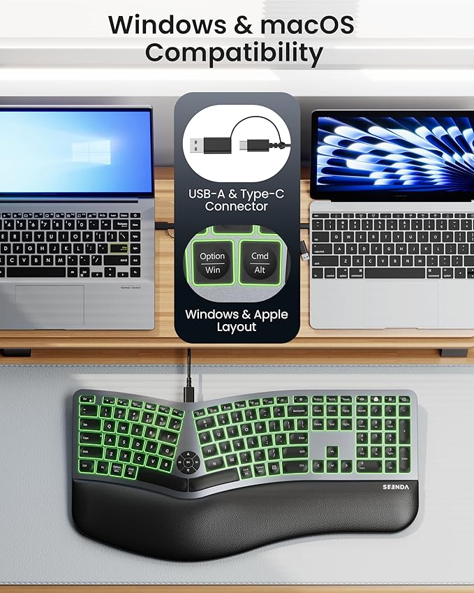 seenda 7-Color Backlit Wired Ergonomic Keyboard, KUW01 USB & Type-C Wired Split - Image 2