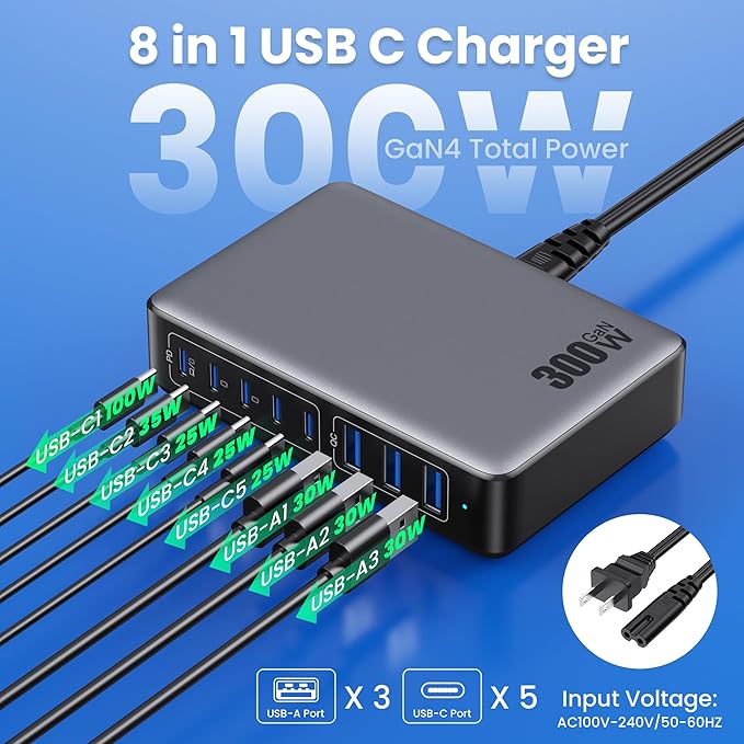 USB C Charger 300W USB C Charger Block 8-Ports GaN IV Fast Charging Station - Image 2