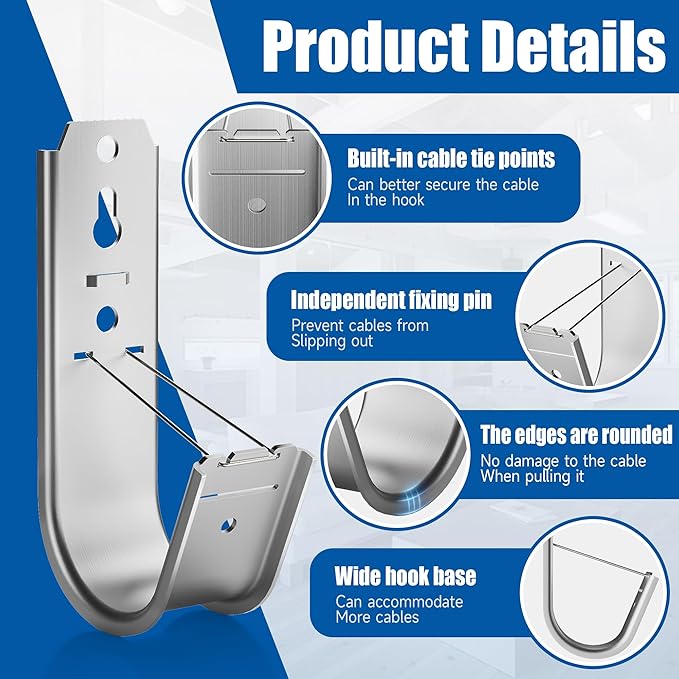 20 Pack J Cable Hook with Retainer Clip, 2-Inch Heavy Duty Wall Mount J-Hooks - Image 3