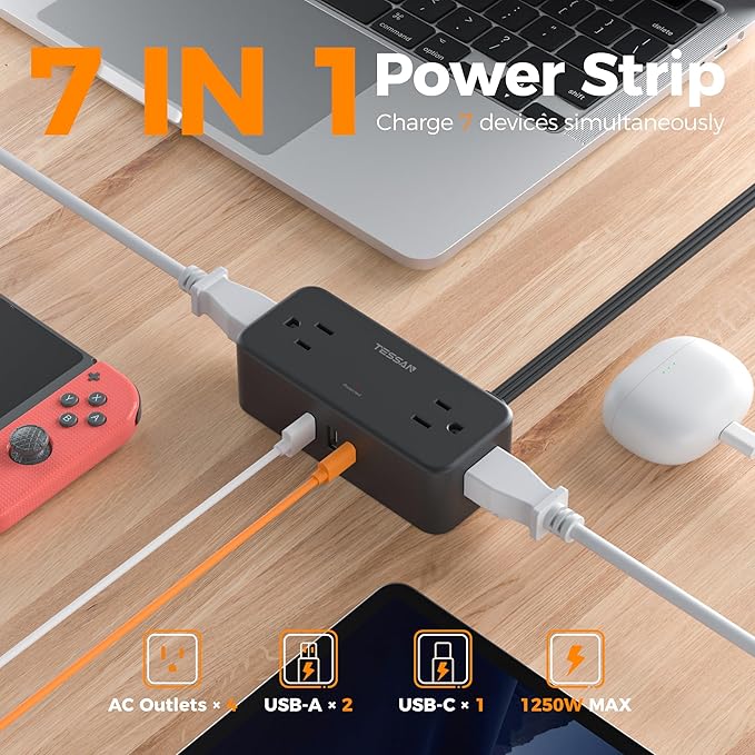 TESSAN Black Extension Cord 5 Ft, Flat Surge Protector Power Strip - Image 2