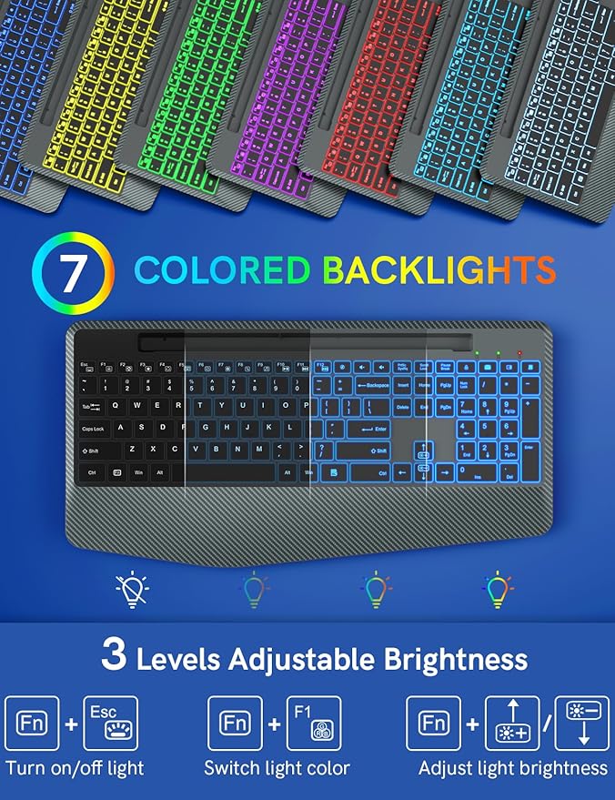 Wireless Keyboard with 7 Colored Backlit, Wrist Rest, Phone Holder, - Image 2