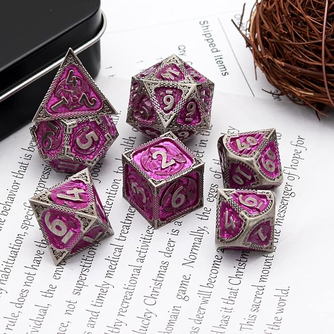 PJOY Metal DND Dice Set with Dice Case Antique Silver Purple Dragon D&D - Image 7