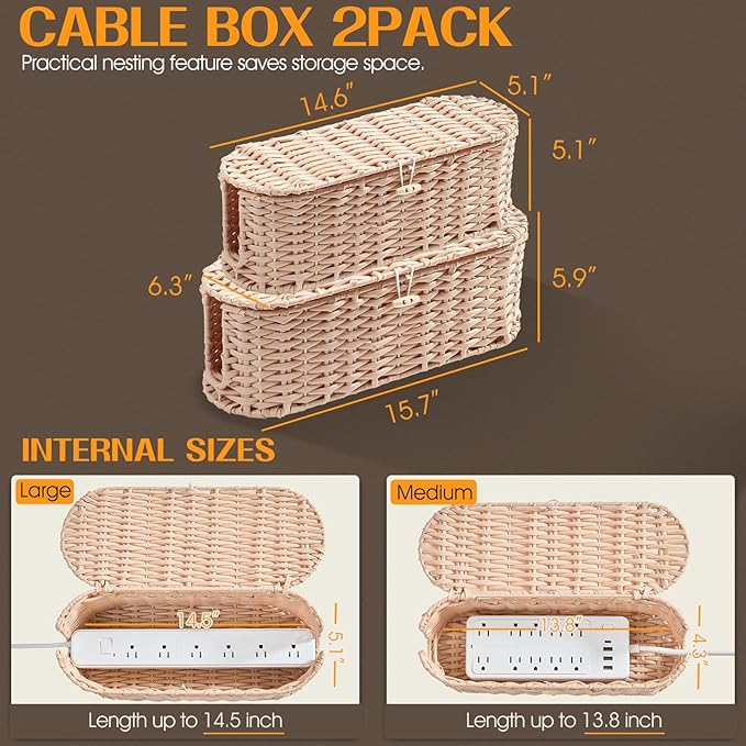 FairyHaus Cable Management Box 2Pack Cream, Handwoven Large and Small Cable - Image 3