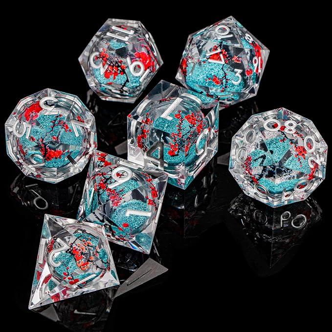 ARUOHHA DND Resin Dice Plum Blossom Liquid Core Dice Silver Blue Sharp Edged - Image 6