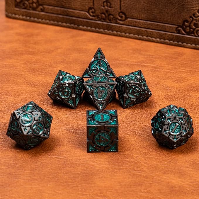 Green Black Nickel Finish Heavy Metal DND Dice Set - Image 7