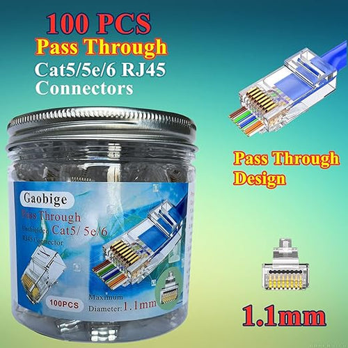 100-PACK Cat5 Cat5e Cat6 RJ45 Pass Through Connectors Ends, 1.1mm Unshielded - Image 2
