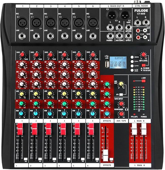 6 Channel Audio Mixer, Professional Music Mixer Board DJ Mixing Console by FULODE