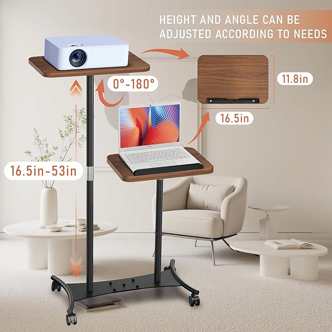 2 Shelves Projector Stand, Mobile Laptop Cart on Wheels Projector Stand - Image 3