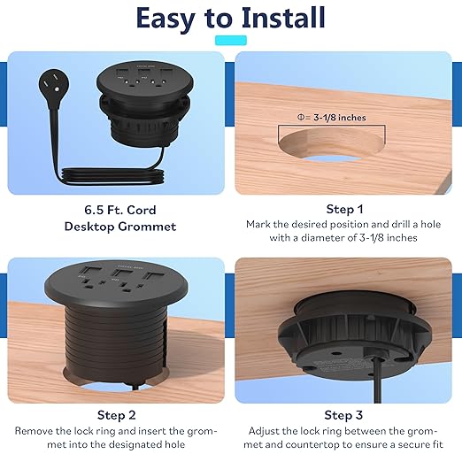 LIDER PD 65W GaN Technology Desktop Power Grommet, Power Delivery, USB-A and 2 - Image 8