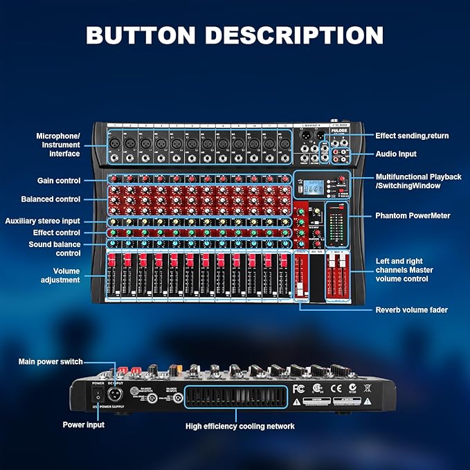 12 Channel Audio Mixer, Professional Music Mixer Board DJ Mixing Console - Image 8