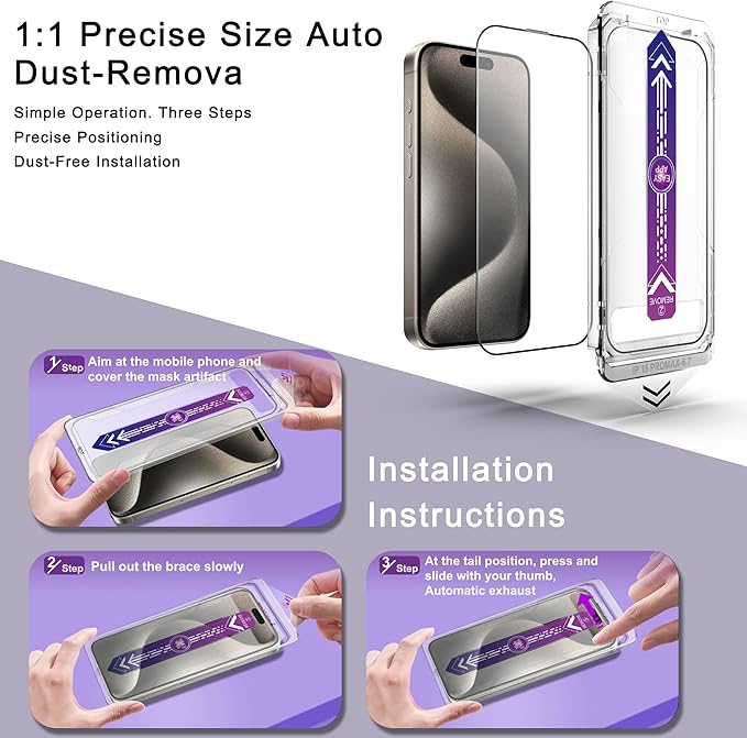 2 Pack Screen Protector for iPhone 15 Pro Max, 9H Tempered Glass, Full Coverage - Image 3