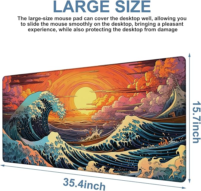 Gaming Desk Pad Large Extra Length Japanese Blue Waves Mouse Pad Keyboard - Image 3
