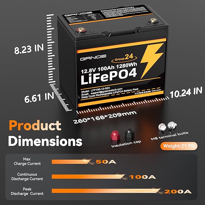 Group 24 LiFePO4 Battery 12V 100Ah, Lightweight 21.9lb Lithium Battery - Image 8