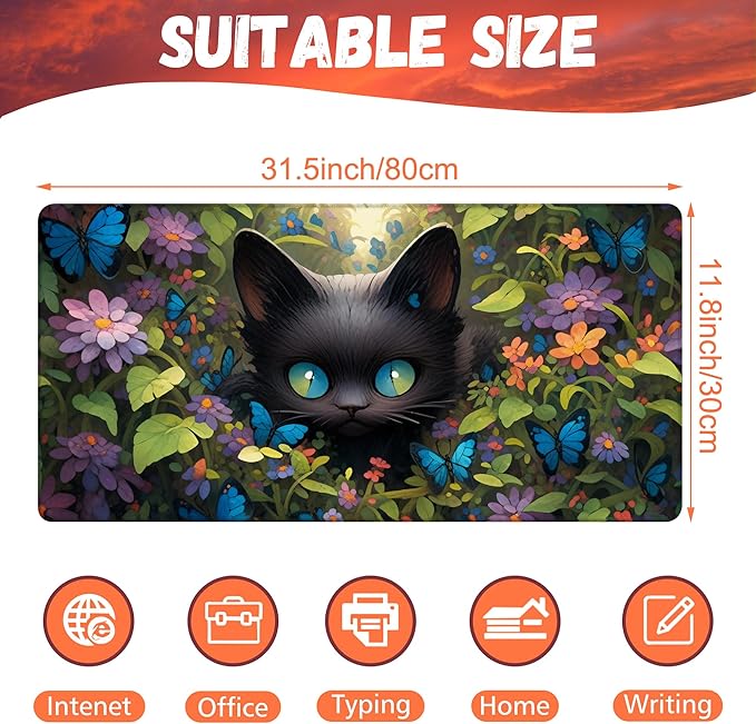 Desk Pad, Cute Black Cat Desk Mat, Cat Among Butterfly Flowers Large Gaming - Image 2