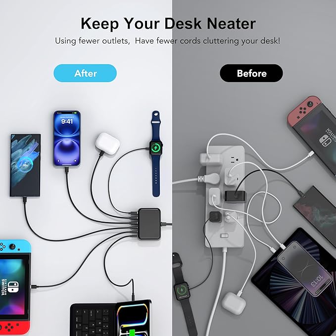 USB C Fast Charger, 100W GaN 6 Port Type USB C Charging Station Hub Block Cube - Image 4