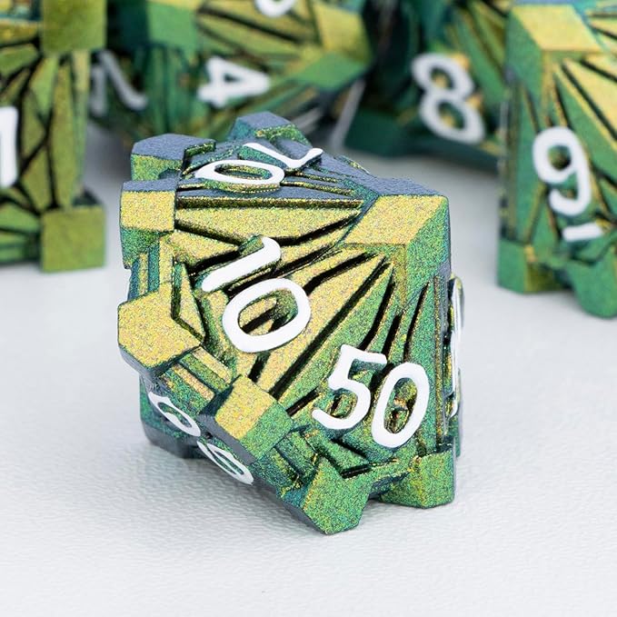 7PCS Metal DND Dice Set with Box, Debris RPG Green Yellow D and D Dice - Image 4
