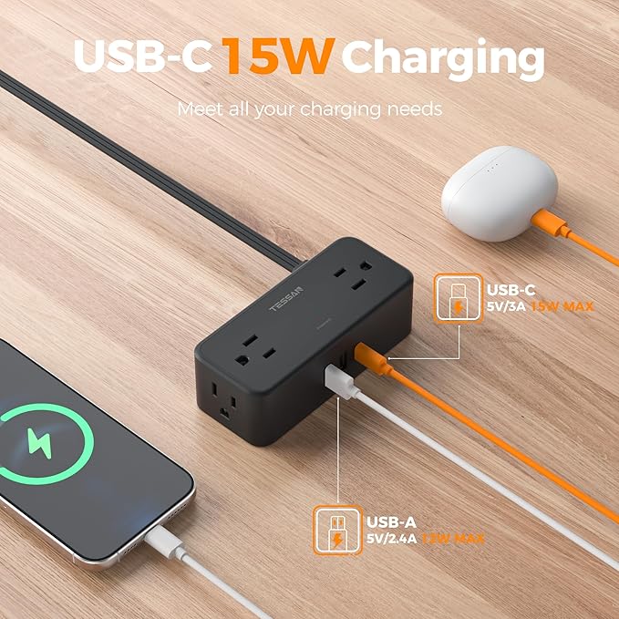 Black Extension Cord 10 Ft, TESSAN Power Strips - Image 5