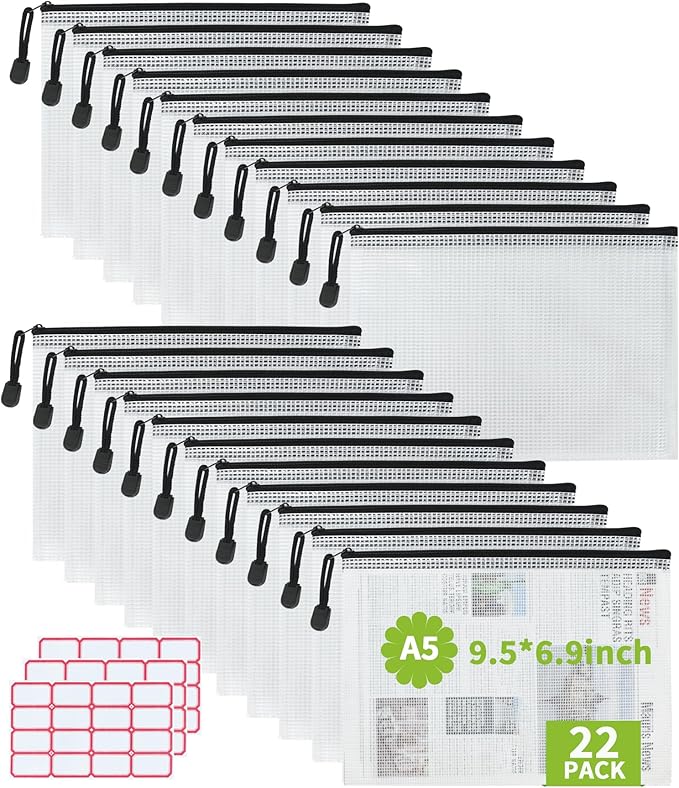 Vuzvuv A5-22 PCS 9.49"x 7.09"Mesh Zipper Pouch Set，Resistant Document File by Vuzvuv